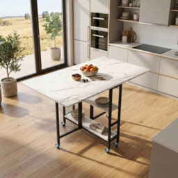 Folding Dining Table Marble Effect Drop Leaf Table On Wheels W/ Shelves
