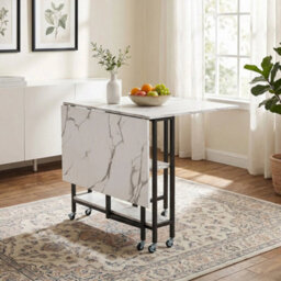 Folding Dining Table Marble Effect Drop Leaf Table On Wheels W/ Shelves - thumbnail 5