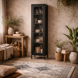 Wyld Haus Frank Black Matt Steel Display Cabinet With Glass Door, 4 Shelves, 1805 X 370 X 350mm