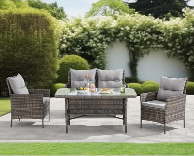 Evre Brown Florence Garden Rattan Furniture Dining Set 4 Piece Seat Sofa Chair Outdoor Wicker Glass Top Table With Cushions - image 1
