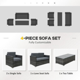 Outsunny 4Pc Rattan Sofa Set Outdoor Coffee Table Chair Wicker Garden Grey - thumbnail 5