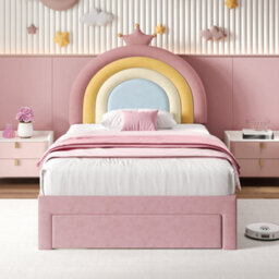 Matteo Pink Velvet Single Bed Frame With Adjustable Rainbow Headboard, Crown Detail & Storage Drawer - Uk 3Ft - thumbnail 2