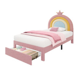 Matteo Pink Velvet Single Bed Frame With Adjustable Rainbow Headboard, Crown Detail & Storage Drawer - Uk 3Ft - thumbnail 9