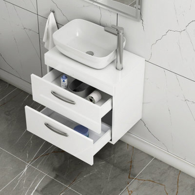 Royal Bathrooms 600mm Wall Hung Vanity Unit 2 Drawer Gloss White & Elva Countertop Basin - image 1