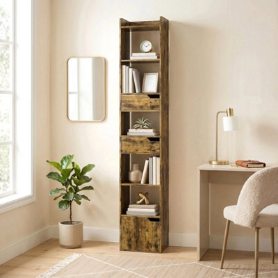 Bookcase Tall Narrow With 5 Tiers Drawers And Cabinet Rustic Brown - image 1