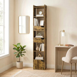 Bookcase Tall Narrow With 5 Tiers Drawers And Cabinet Rustic Brown - thumbnail 1