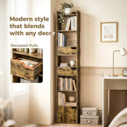 Bookcase Tall Narrow With 5 Tiers Drawers And Cabinet Rustic Brown - thumbnail 3