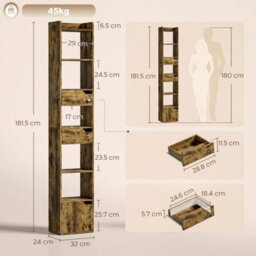 Bookcase Tall Narrow With 5 Tiers Drawers And Cabinet Rustic Brown - thumbnail 2