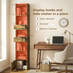 Bookcase Tall Narrow With 5 Tiers Drawers And Cabinet Rustic Brown - thumbnail 6