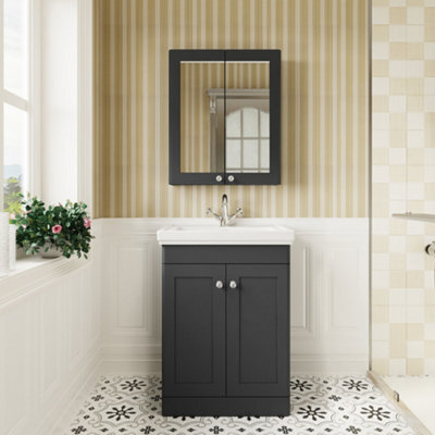 Balterley Swynnerton Traditional Bathroom Floor Standing 2-Door Vanity Unit & Fireclay Basin, Dark Grey, 600mm - image 1