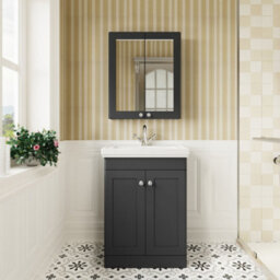 Balterley Swynnerton Traditional Bathroom Floor Standing 2-Door Vanity Unit & Fireclay Basin, Dark Grey, 600mm - thumbnail 1
