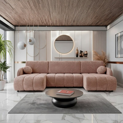 Zara U Shaped Sofa Bed With Storage Universal Corner Freestanding Upholstered Back 318X160X88Cm Pink - image 1