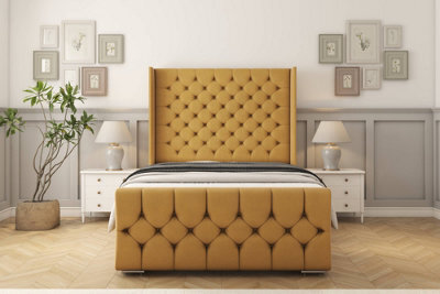"Sloomy Luthor Mustard Plush Bed Frame With Mattress With 50""  Upholstered Wingback Headboard 2'6 Small Single" - image 1