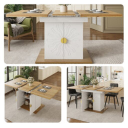 Abrihome Dining Table, Table, Extension Table For Kitchen & Living Room, Wood Veneer With Sun-Relief, Generous Storage Space - thumbnail 1
