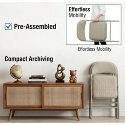 Metal Folding Chair Beige Fabric Foldable Padded Seat For Home Office Chairs New 2 - thumbnail 5
