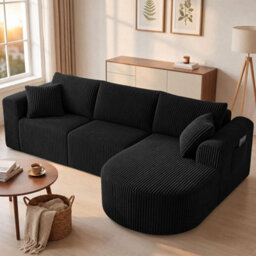 Luckracer Boneless Corner Sofa Couch Cloud Modular Sectional Sofa L Shaped Memory Foam Corduroy 245Cm, Light Facing Chaise Black