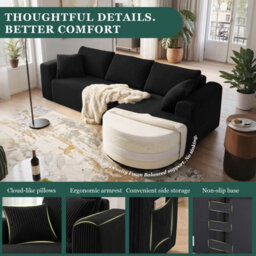 Luckracer Boneless Corner Sofa Couch Cloud Modular Sectional Sofa L Shaped Memory Foam Corduroy 245Cm, Light Facing Chaise Black - thumbnail 3