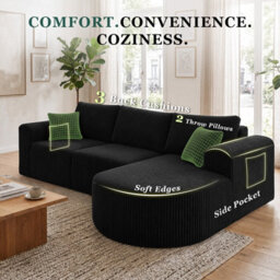 Luckracer Boneless Corner Sofa Couch Cloud Modular Sectional Sofa L Shaped Memory Foam Corduroy 245Cm, Light Facing Chaise Black - thumbnail 9