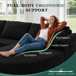 Luckracer Boneless Corner Sofa Couch Cloud Modular Sectional Sofa L Shaped Memory Foam Corduroy 245Cm, Light Facing Chaise Black - thumbnail 8