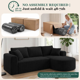 Luckracer Boneless Corner Sofa Couch Cloud Modular Sectional Sofa L Shaped Memory Foam Corduroy 245Cm, Light Facing Chaise Black - thumbnail 7