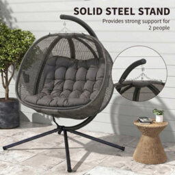 Double Hanging Egg Chair Folding Swing Hammock W/ Cushion, Indoor Outdoor Grey - thumbnail 6