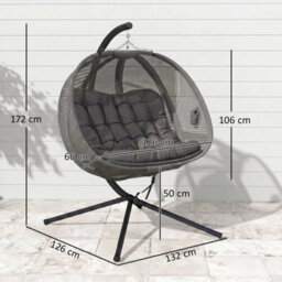 Double Hanging Egg Chair Folding Swing Hammock W/ Cushion, Indoor Outdoor Grey - thumbnail 2