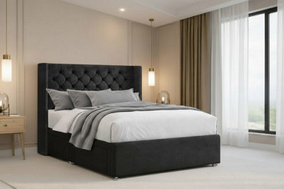 "Nexus Windsor Plush Divan, Black, 54"" Winged Hb, No Drawers, Open Coil Mattress, Small Double" - image 1