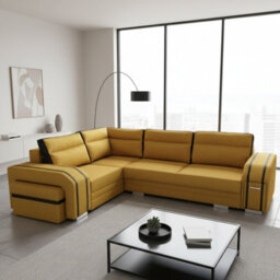 Avatar Corner Sofa Bed With Pouffe Cocktail Cabinet Foam Cushions Sinuous Springs Wood Frame 300X200Cm Yellow And Black Left - thumbnail 1
