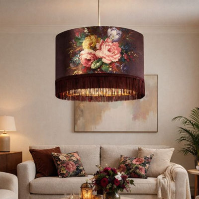 Lighting Collection Velvet Bloom Floral Drum Shade With Luxe Fringe Detailing - image 1
