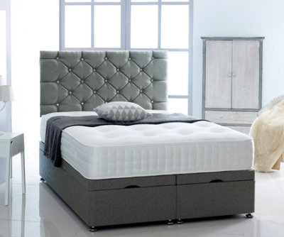 Comfy Deluxe 5Ft King Grey Chenille Foot Lift Ottoman Bed With Headboard & Mattress - image 1