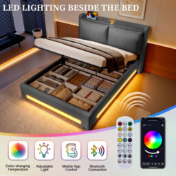 Btm 150X200Cm Linen Bed Frame, Led Lighting, Usb-C Charging, Storage Shelf, Lift-Up Storage Base - thumbnail 6