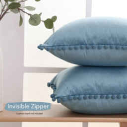 Deconovo 2 Pack Poms Crushed Velvet Cushion Covers 24X24 Inches Pillowcases For Sofa With Invisible Zipper 60Cm X 60Cm Slate Blue - thumbnail 5