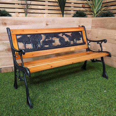 Samuel Alexander Kids 2 Seater Wooden & Cast Iron Garden Patio Childrens Bench With Animal Design - image 1