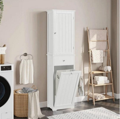 Tall Bathroom Laundry Cabinet With Basket And Upper Single Door Cabinet - image 1