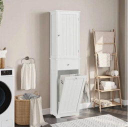 Tall Bathroom Laundry Cabinet With Basket And Upper Single Door Cabinet - thumbnail 1