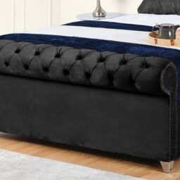 UKBEDFURNITURE Chesterfield Sleigh Black Plush Velvet Upholstered Bed Frame - Slatted Base With 10 Inch Orthopedic Mattress - 48 Inch Headboard - thumbnail 3