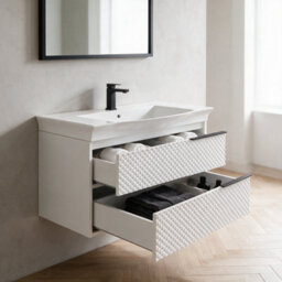 Bathroom City Elvia 950mm White Bathroom Vanity Unit & Basin Set - Wide Diamond Front Cabinet With Storage Drawers - Black Handle - thumbnail 5