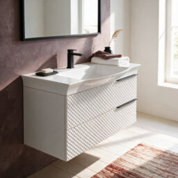 Bathroom City Elvia 950mm White Bathroom Vanity Unit & Basin Set - Wide Diamond Front Cabinet With Storage Drawers - Black Handle - thumbnail 1