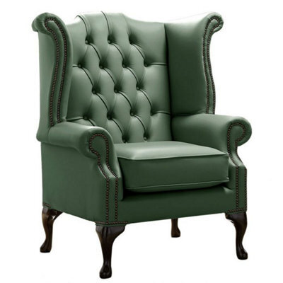 Chesterfield High Back Wing Chair Shelly Forest Green Leather Bespoke In Queen Anne Style - image 1