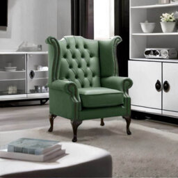 Chesterfield High Back Wing Chair Shelly Forest Green Leather Bespoke In Queen Anne Style - thumbnail 3