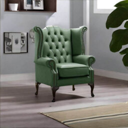 Chesterfield High Back Wing Chair Shelly Forest Green Leather Bespoke In Queen Anne Style - thumbnail 2