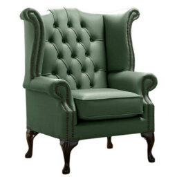 Chesterfield High Back Wing Chair Shelly Forest Green Leather Bespoke In Queen Anne Style - thumbnail 1