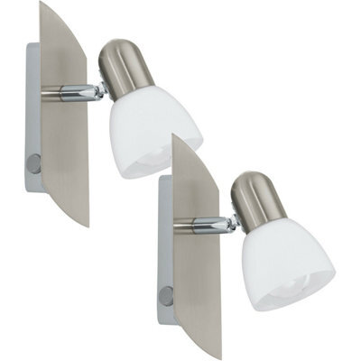 Set Of 2 Satin Nickel Wall Spot Lights With White Glass Shade E14 25W - image 1