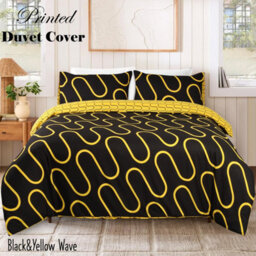 Ameha Print Duvet Cover With Matching Pillowcase 3 Piece Set Black & Ochre Wave Pattern Design Double 200X200Cm - thumbnail 1