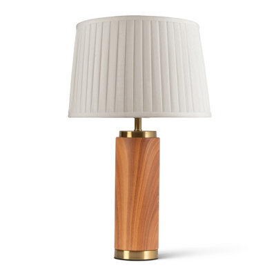 Lighting Supermarket Cylinder Wood Effect Print/gold Table Lamp With Cream Pleat Shade - image 1
