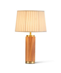 Lighting Supermarket Cylinder Wood Effect Print/gold Table Lamp With Cream Pleat Shade - thumbnail 2