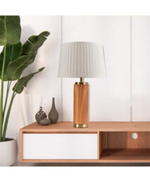 Lighting Supermarket Cylinder Wood Effect Print/gold Table Lamp With Cream Pleat Shade - thumbnail 7