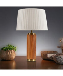 Lighting Supermarket Cylinder Wood Effect Print/gold Table Lamp With Cream Pleat Shade - thumbnail 6