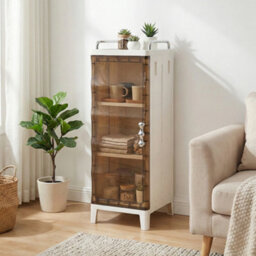 Darphe White Brown Freestanding Plastic Storage Cabinet With Single Magnetic Door