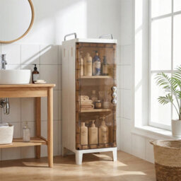 Darphe White Brown Freestanding Plastic Storage Cabinet With Single Magnetic Door - thumbnail 2